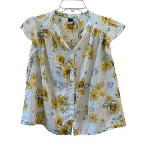 Old Navy Floral Sunflowers Button-Down Short Sleeve Blouse White Blue Yellow